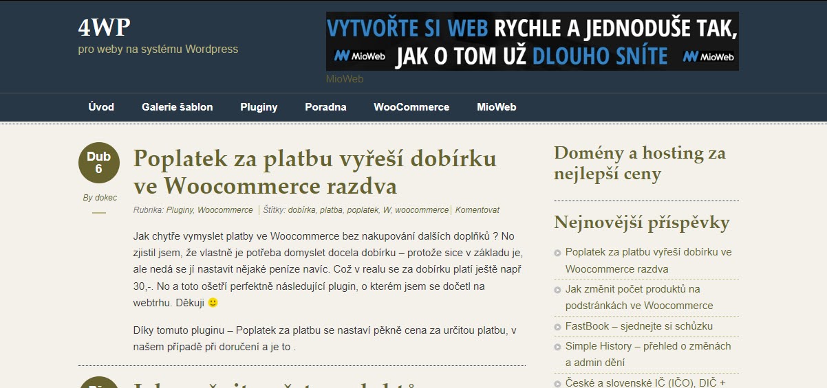 Archivní snímek původního webu 4WP s návody a tipy pro WordPress
